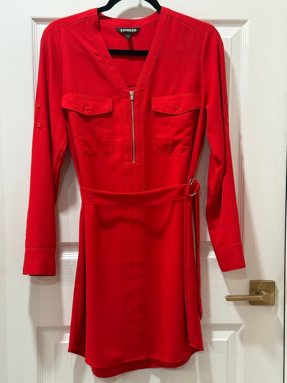 Express Women's Red Long-Sleeve Belted Shirt Dress